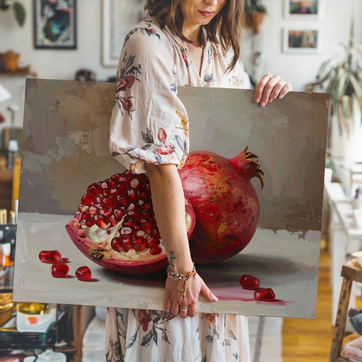 Crimson Pomegranate Still Life Canvas – Realistic Fruit Art with Classical Warmth - Gifitto