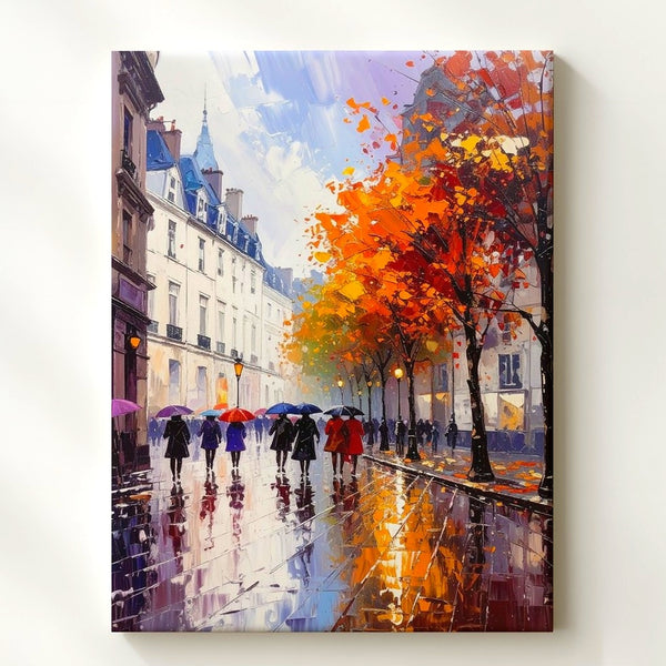 Autumn Stroll Canvas – Impressionistic European Street Scene with Umbrella Walkers