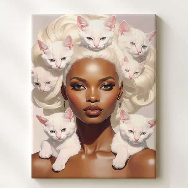 Platinum Glam Cat Canvas – Elegant Woman with White Kittens in Hair - Gifitto