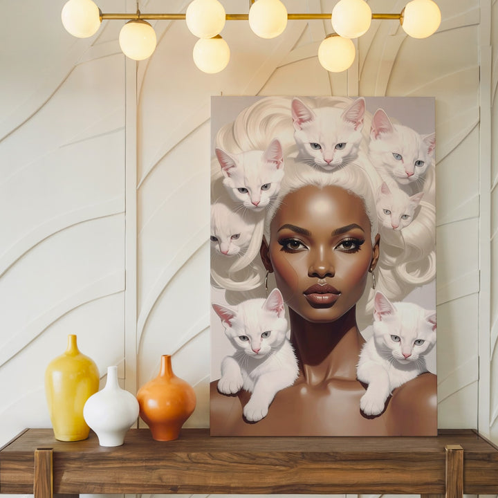 Platinum Glam Cat Canvas – Elegant Woman with White Kittens in Hair - Gifitto
