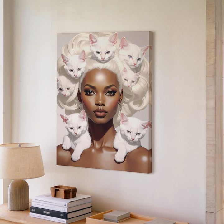 Platinum Glam Cat Canvas – Elegant Woman with White Kittens in Hair - Gifitto