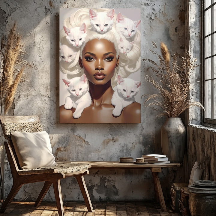 Platinum Glam Cat Canvas – Elegant Woman with White Kittens in Hair - Gifitto