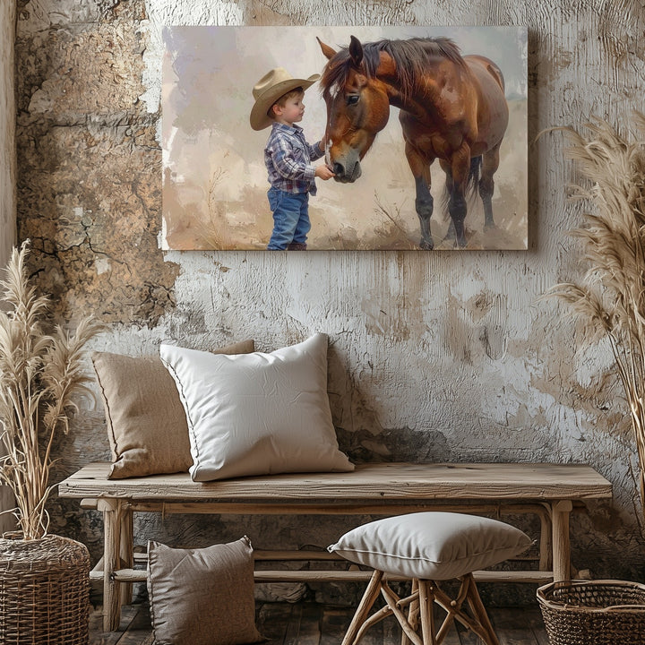 Boy & Horse Connection Canvas – Heartwarming Watercolor Art - Gifitto
