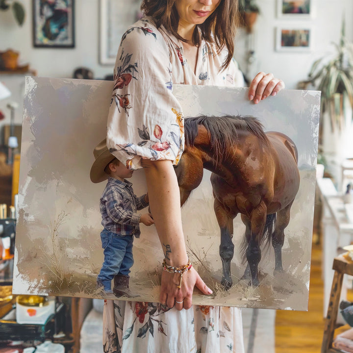 Boy & Horse Connection Canvas – Heartwarming Watercolor Art - Gifitto