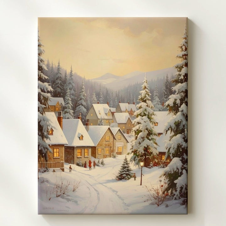 Snowy Village at Dusk Canvas – Serene Winter Scene with Warm Golden Sky - Gifitto