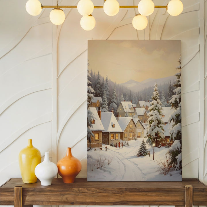 Snowy Village at Dusk Canvas – Serene Winter Scene with Warm Golden Sky - Gifitto