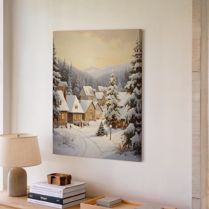 Snowy Village at Dusk Canvas – Serene Winter Scene with Warm Golden Sky - Gifitto