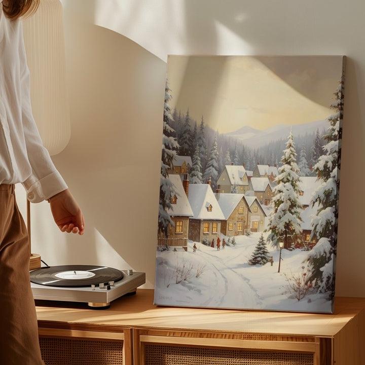 Snowy Village at Dusk Canvas – Serene Winter Scene with Warm Golden Sky - Gifitto
