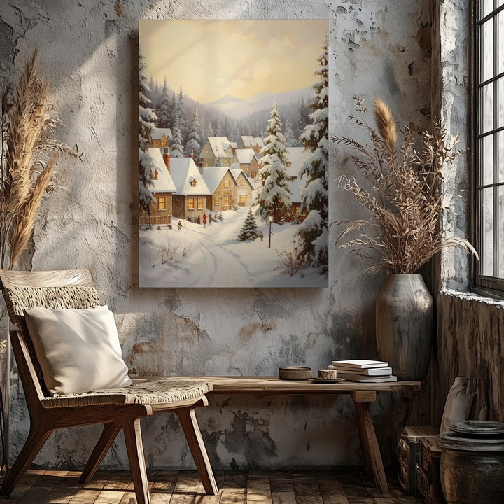 Snowy Village at Dusk Canvas – Serene Winter Scene with Warm Golden Sky - Gifitto