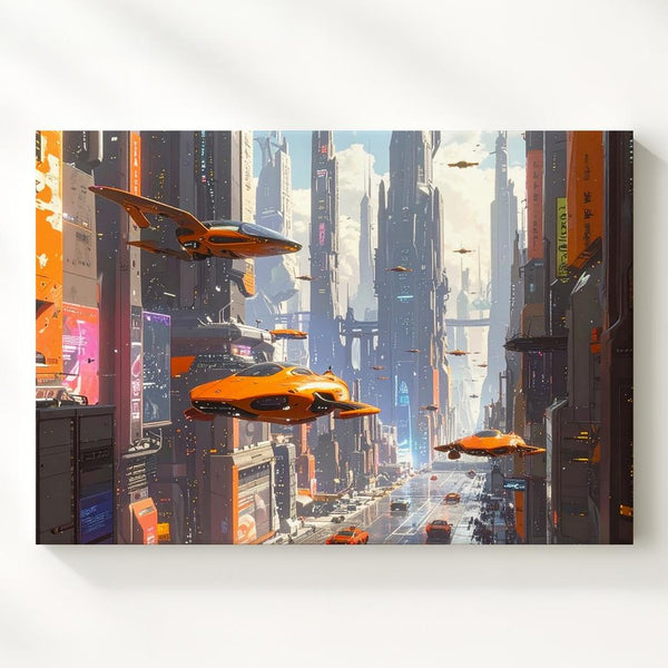 Futuristic Neon Cityscape Canvas – Flying Vehicles and Towering Skyscrapers - Gifitto