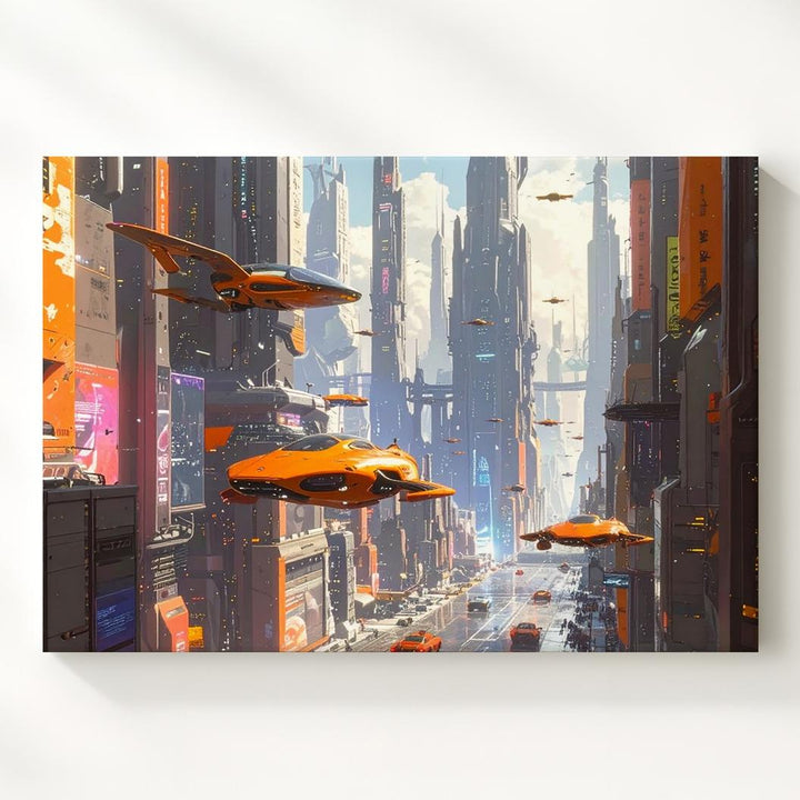Futuristic Neon Cityscape Canvas – Flying Vehicles and Towering Skyscrapers - Gifitto