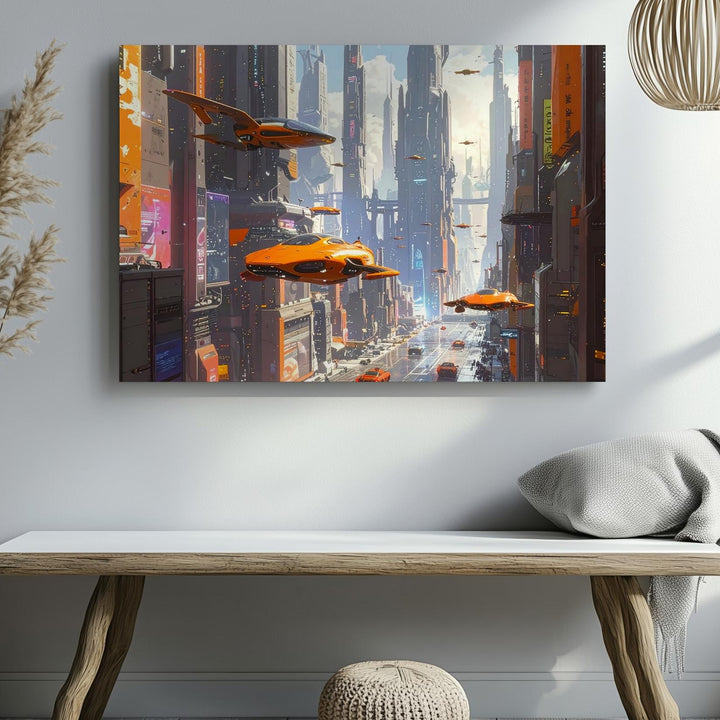 Futuristic Neon Cityscape Canvas – Flying Vehicles and Towering Skyscrapers - Gifitto