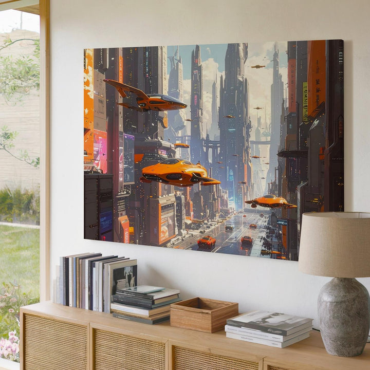 Futuristic Neon Cityscape Canvas – Flying Vehicles and Towering Skyscrapers - Gifitto