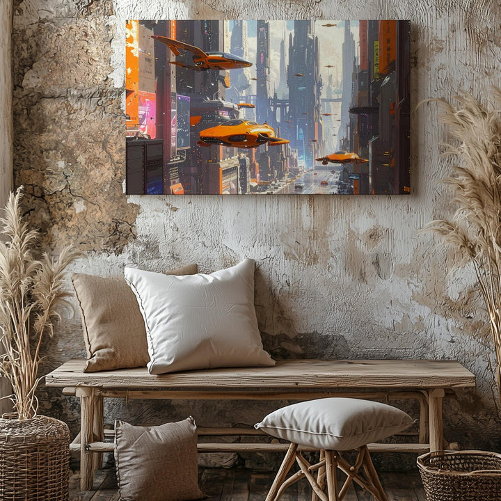 Futuristic Neon Cityscape Canvas – Flying Vehicles and Towering Skyscrapers - Gifitto