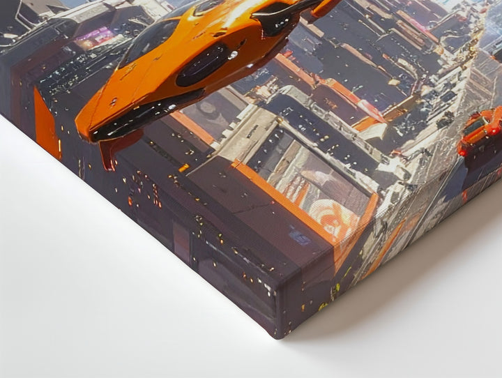 Futuristic Neon Cityscape Canvas – Flying Vehicles and Towering Skyscrapers - Gifitto