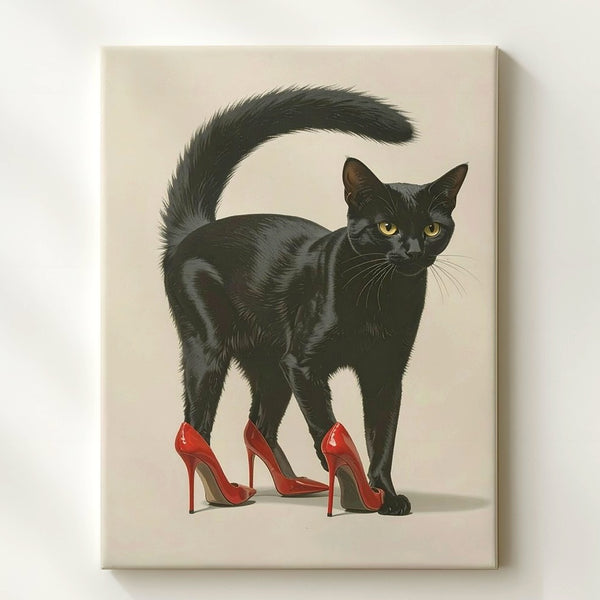 High-Heeled Attitude Canvas – Stylish Black Cat in Red Stilettos - Gifitto