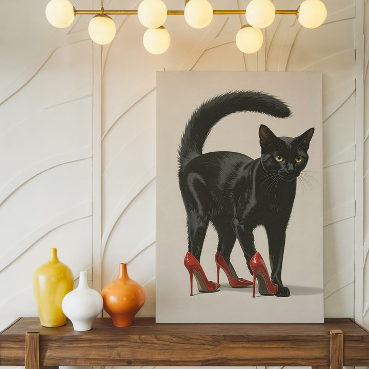 High-Heeled Attitude Canvas – Stylish Black Cat in Red Stilettos - Gifitto