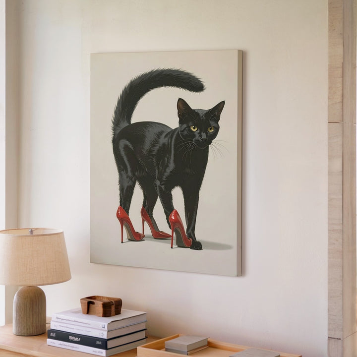 High-Heeled Attitude Canvas – Stylish Black Cat in Red Stilettos - Gifitto