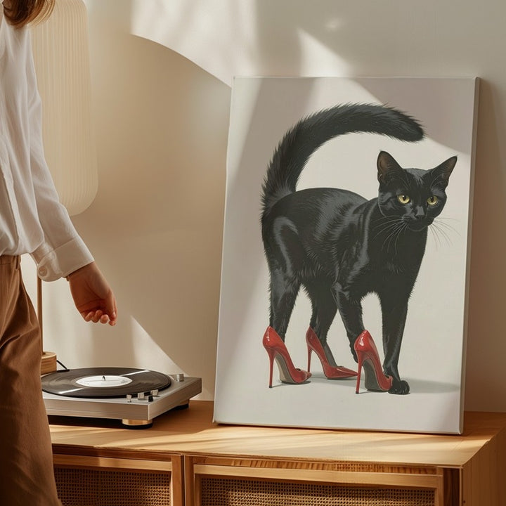 High-Heeled Attitude Canvas – Stylish Black Cat in Red Stilettos - Gifitto