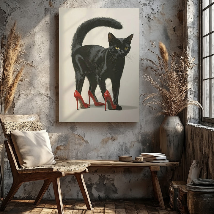 High-Heeled Attitude Canvas – Stylish Black Cat in Red Stilettos - Gifitto