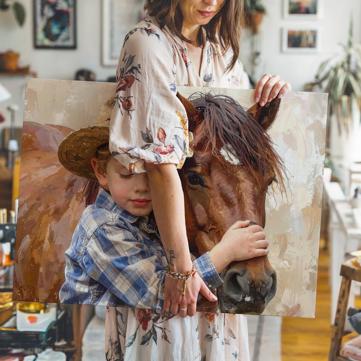 Child & Horse Embrace Canvas – Tender Digital Painting Art - Gifitto