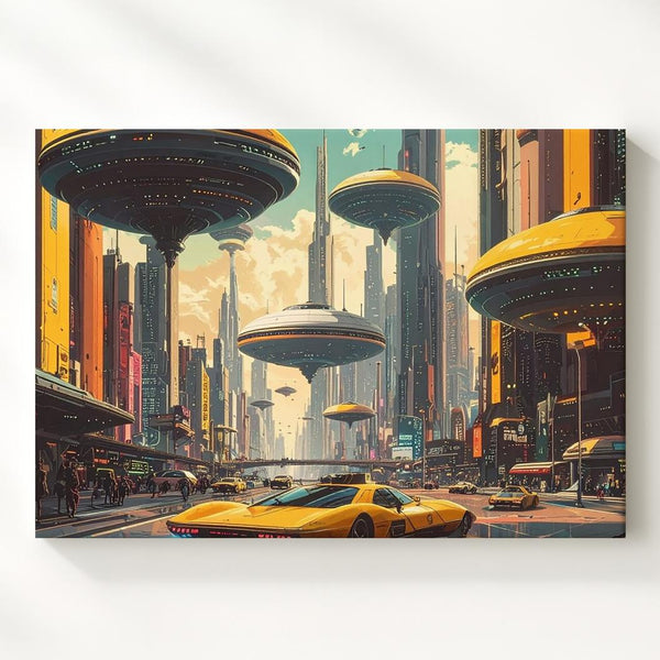 Futuristic City Skyline Canvas – Flying Saucer and Hovering Taxi in High-Tech Metropolis - Gifitto