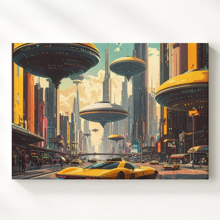 Futuristic City Skyline Canvas – Flying Saucer and Hovering Taxi in High-Tech Metropolis - Gifitto