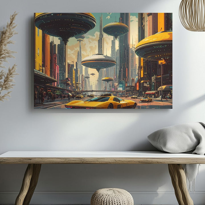Futuristic City Skyline Canvas – Flying Saucer and Hovering Taxi in High-Tech Metropolis - Gifitto
