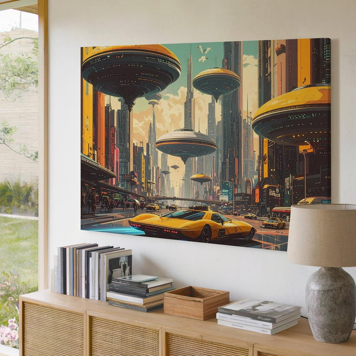 Futuristic City Skyline Canvas – Flying Saucer and Hovering Taxi in High-Tech Metropolis - Gifitto