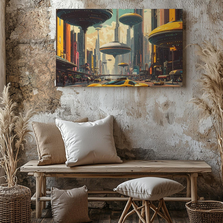 Futuristic City Skyline Canvas – Flying Saucer and Hovering Taxi in High-Tech Metropolis - Gifitto