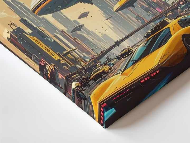Futuristic City Skyline Canvas – Flying Saucer and Hovering Taxi in High-Tech Metropolis - Gifitto