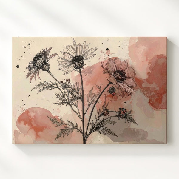 Dusty Rose Botanical Line Art Canvas – Minimalist Floral Illustration - Gifitto