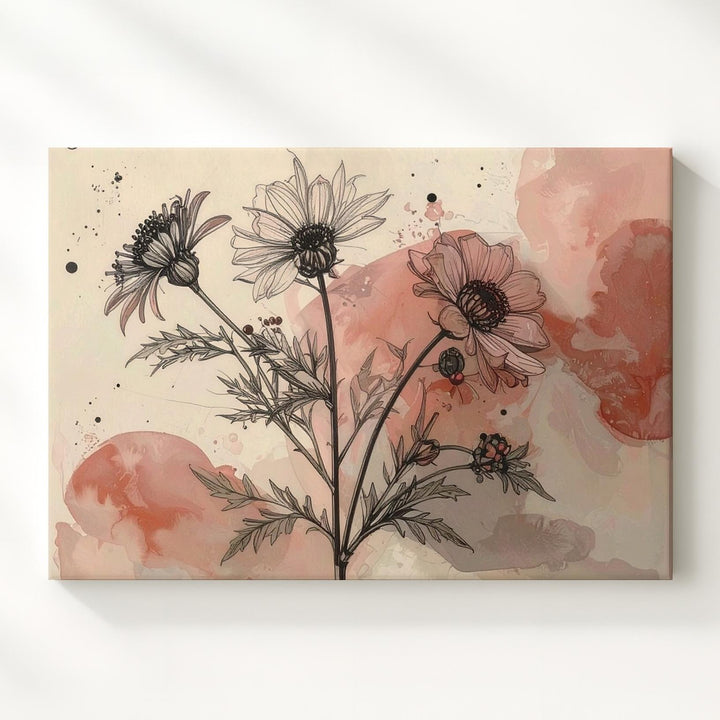 Dusty Rose Botanical Line Art Canvas – Minimalist Floral Illustration - Gifitto