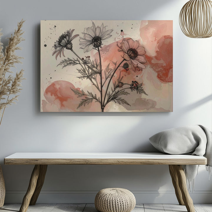 Dusty Rose Botanical Line Art Canvas – Minimalist Floral Illustration - Gifitto