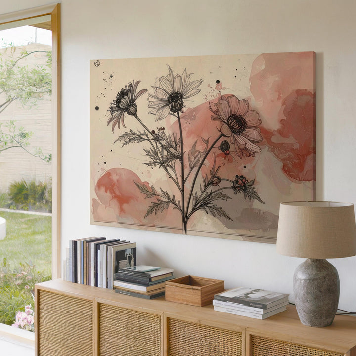 Dusty Rose Botanical Line Art Canvas – Minimalist Floral Illustration - Gifitto