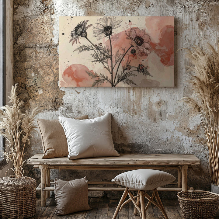 Dusty Rose Botanical Line Art Canvas – Minimalist Floral Illustration - Gifitto