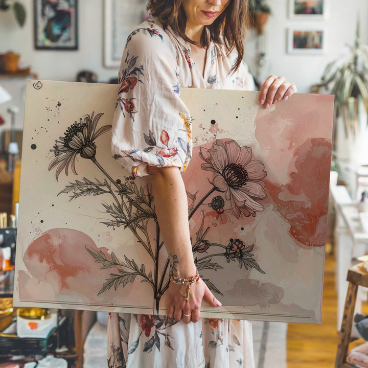Dusty Rose Botanical Line Art Canvas – Minimalist Floral Illustration - Gifitto