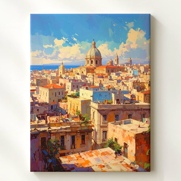 Mediterranean Cityscape Canvas – Historic Skyline Under Sunlit Skies