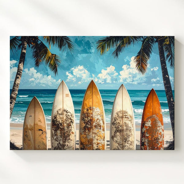 Vintage Surfboard Beach Canvas – Tropical Coastal Wall Art with Palm Trees - Gifitto