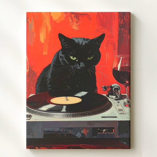 Vinyl Vibes Cat Canvas – Retro DJ Black Cat with Wine - Gifitto