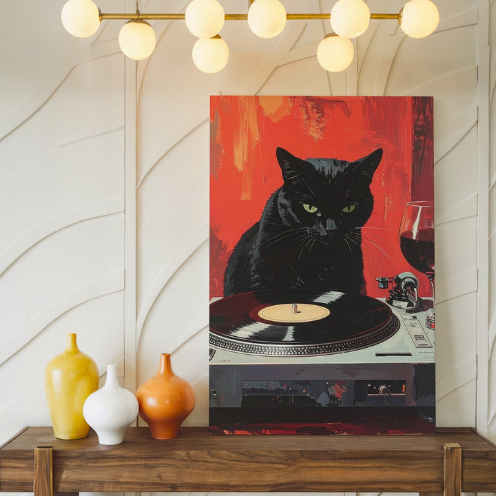 Vinyl Vibes Cat Canvas – Retro DJ Black Cat with Wine - Gifitto