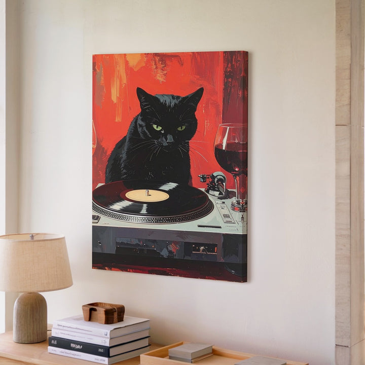 Vinyl Vibes Cat Canvas – Retro DJ Black Cat with Wine - Gifitto