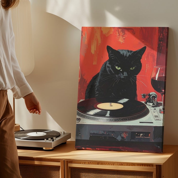Vinyl Vibes Cat Canvas – Retro DJ Black Cat with Wine - Gifitto