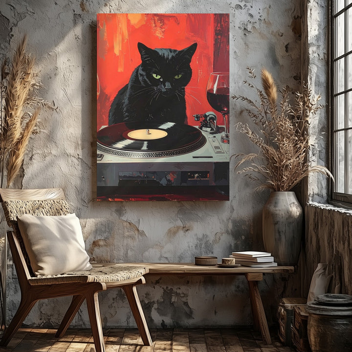 Vinyl Vibes Cat Canvas – Retro DJ Black Cat with Wine - Gifitto