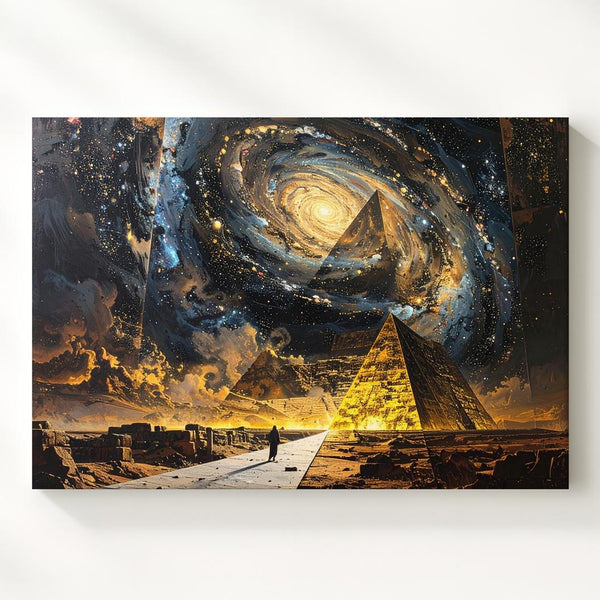 Cosmic Pyramid Canvas – Lone Figure and Glowing Pyramid Under Starry Sky - Gifitto