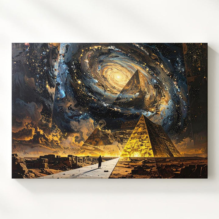 Cosmic Pyramid Canvas – Lone Figure and Glowing Pyramid Under Starry Sky - Gifitto
