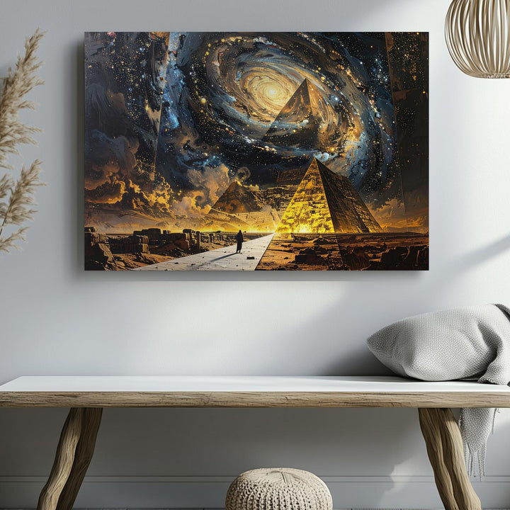 Cosmic Pyramid Canvas – Lone Figure and Glowing Pyramid Under Starry Sky - Gifitto