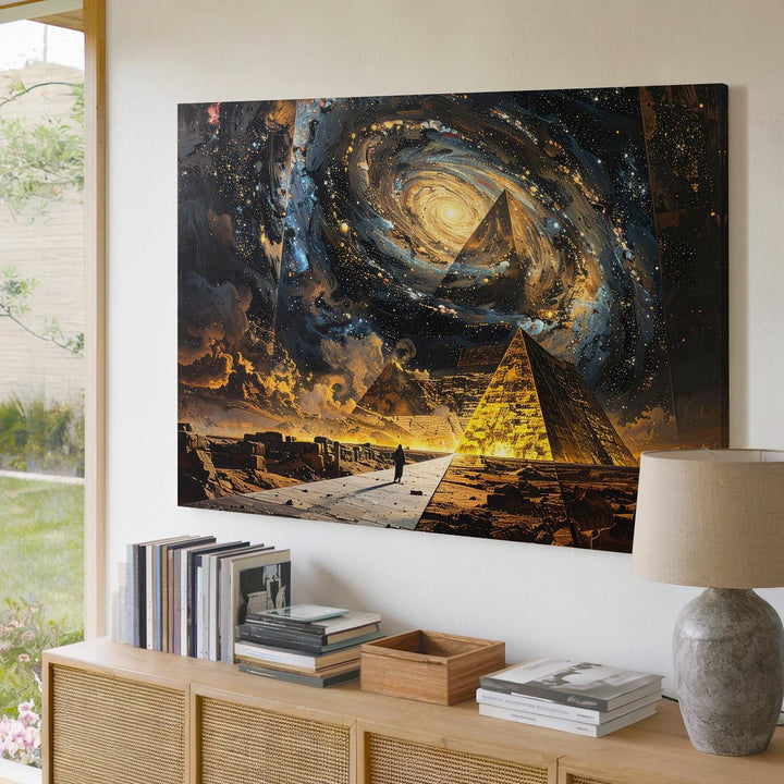Cosmic Pyramid Canvas – Lone Figure and Glowing Pyramid Under Starry Sky - Gifitto