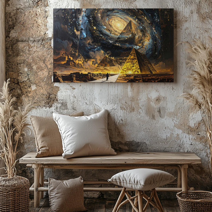 Cosmic Pyramid Canvas – Lone Figure and Glowing Pyramid Under Starry Sky - Gifitto