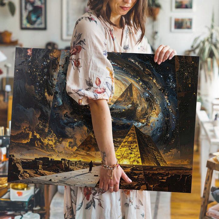 Cosmic Pyramid Canvas – Lone Figure and Glowing Pyramid Under Starry Sky - Gifitto